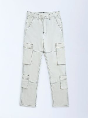 Y&F Kids Off-White Cargo-Style Mid-Rise Cotton Trousers