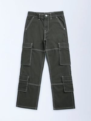 Y&F Kids Olive Cargo-Style Mid-Rise Cotton Trousers
