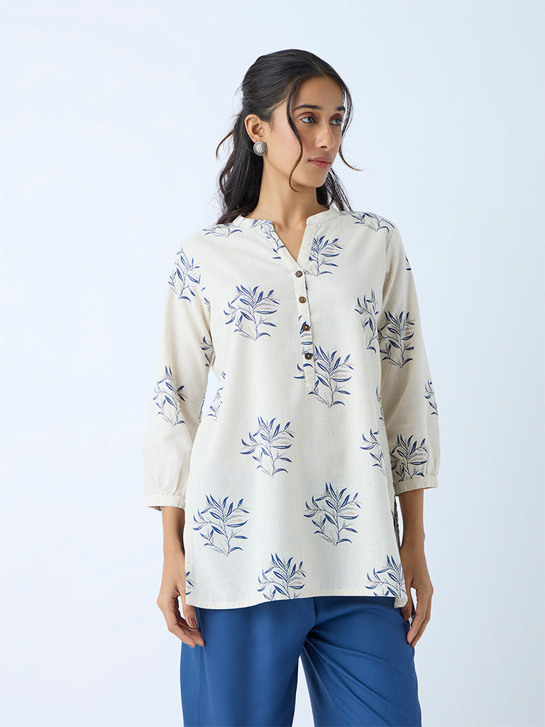 Utsa Off-White Leaf Design Cotton-Blend Tunic