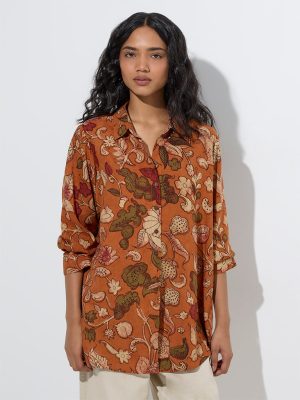 Utsa Orange Floral Pattern Tunic