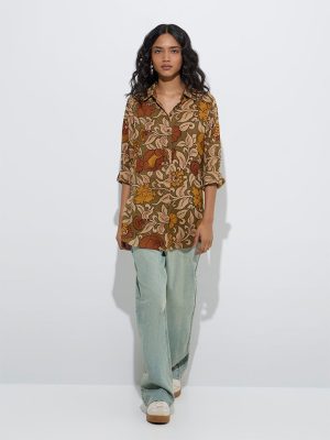 Utsa Olive Floral Design Tunic