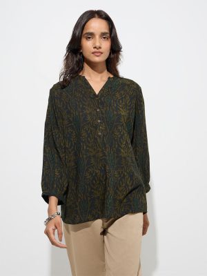 Utsa Dark Green Botanical Design Tunic