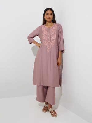 Zuba Mauve Paisley Embroidered A-Line Kurta