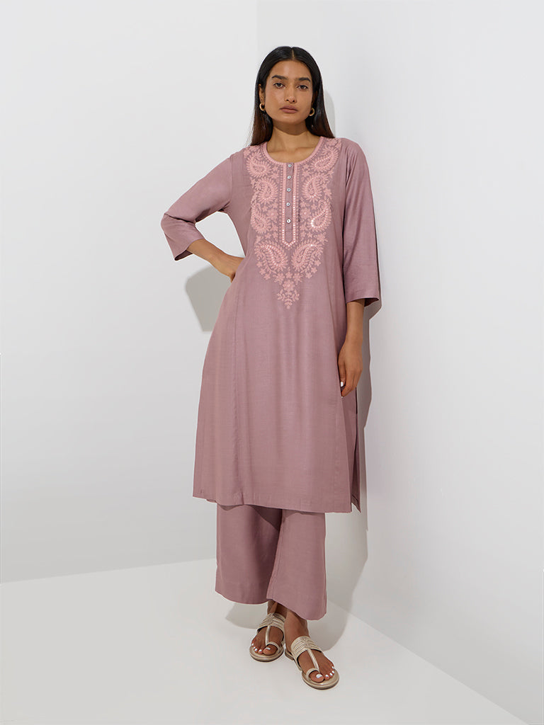 Zuba Mauve Paisley Embroidered A-Line Kurta