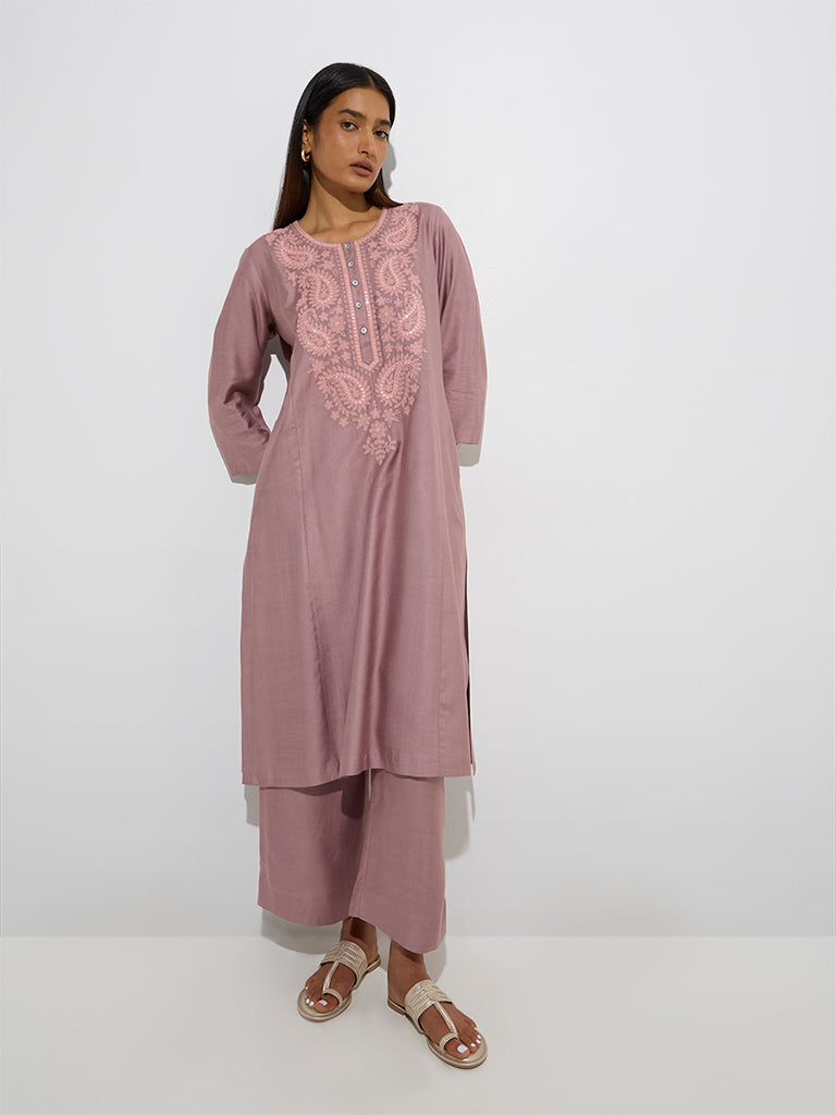 Zuba Mauve Paisley Embroidered A-Line Kurta - Image 2