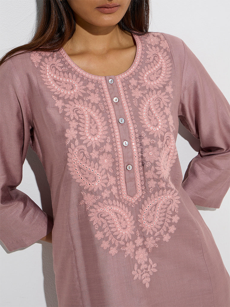Zuba Mauve Paisley Embroidered A-Line Kurta - Image 3