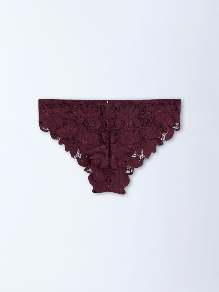 Wunderlove Wine Lace-Detailed Lace Briefs - Image 5