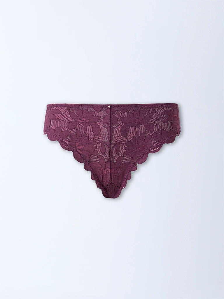 Wunderlove Wine Lace-Detailed Lace Briefs - Image 6