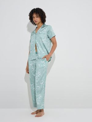 Wunderlove Light Green Floral Shirt and Pyjamas Set