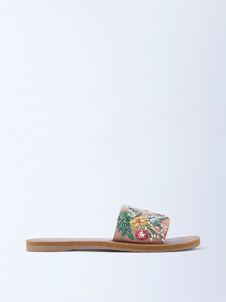 LUNA BLU Taupe Floral Embroidered Slides
