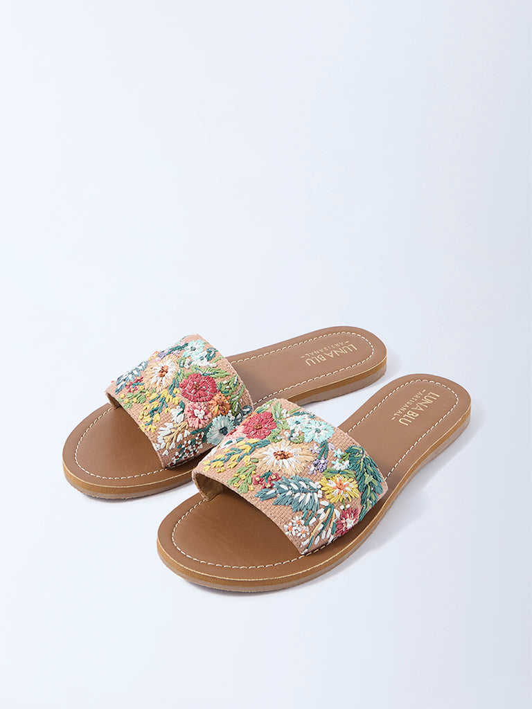 LUNA BLU Taupe Floral Embroidered Slides - Image 2