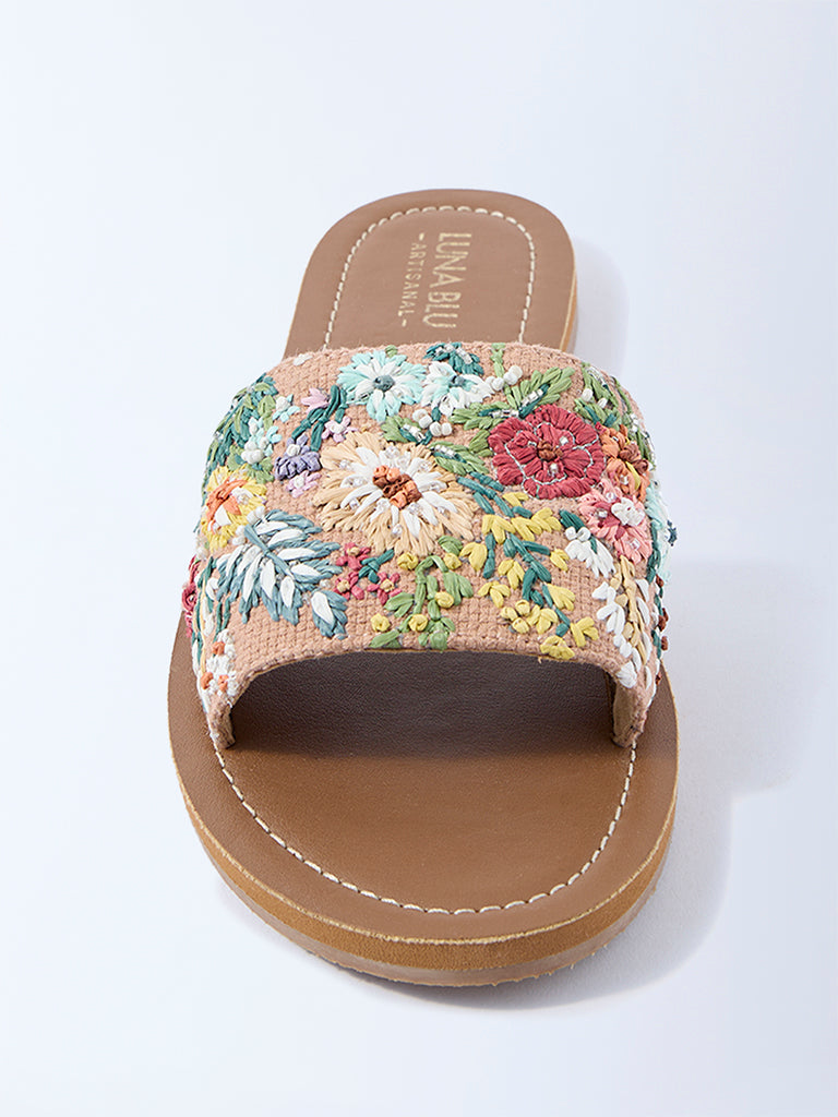 LUNA BLU Taupe Floral Embroidered Slides - Image 3