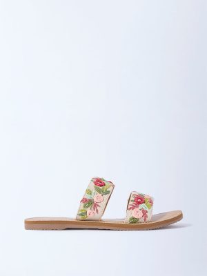 LUNA BLU Red Floral Embroidered Slip-On Sandals