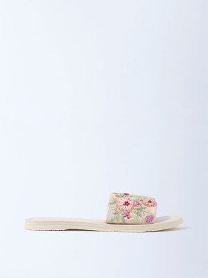 LUNA BLU Pink Floral Embroidered Slides