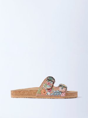 LUNA BLU Taupe Floral Raffia Detailed Slip-On Sandals