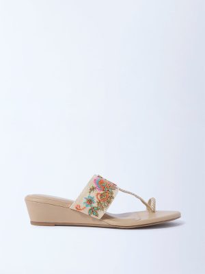 LUNA BLU Taupe Floral Embroidered Kolhapuri Wedge Sandals