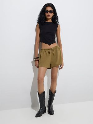 Nuon Olive Solid Mid-Rise Linen-Blend Shorts