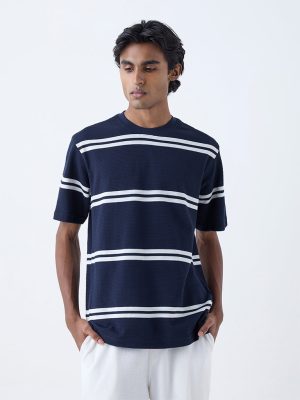 WES Lounge Navy Striped Relaxed-Fit Cotton-Blend T-Shirt