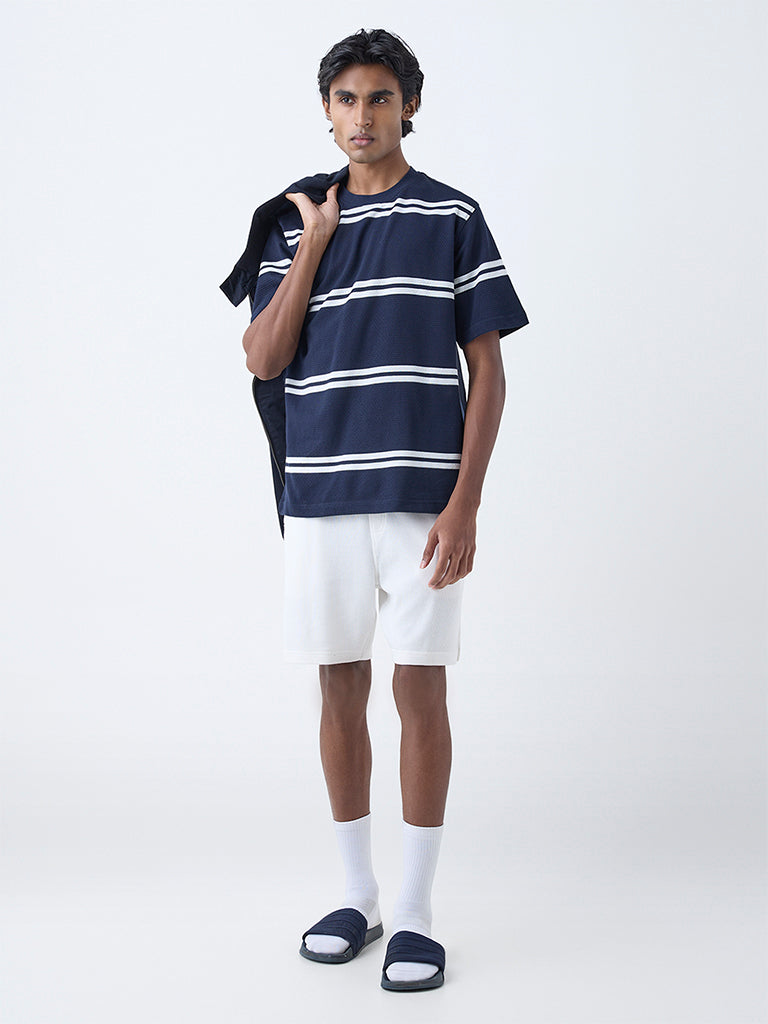 WES Lounge Navy Striped Relaxed-Fit Cotton-Blend T-Shirt - Image 2