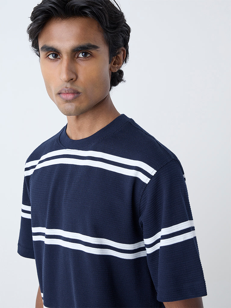 WES Lounge Navy Striped Relaxed-Fit Cotton-Blend T-Shirt - Image 3