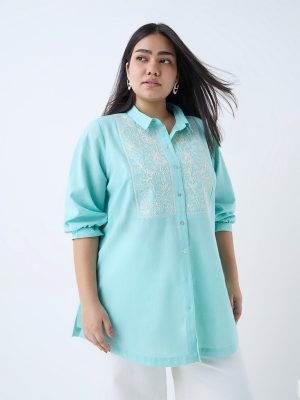 Diza Turquoise Floral Embroidered Cotton Tunic