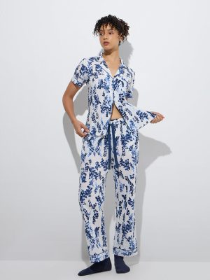 Wunderlove Blue Botanical Cotton Shirt and Pyjamas Set