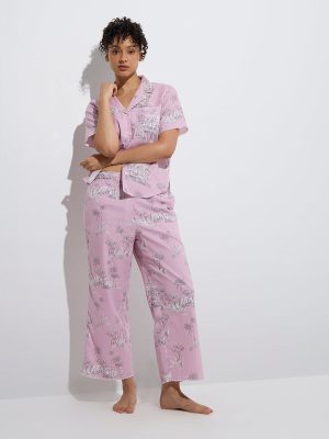 Wunderlove Lilac Printed Cotton Shirt and Pyjamas Set