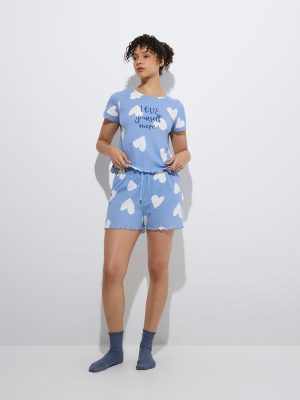 Wunderlove Blue Heart Printed Cotton Shorts Set In A Bag