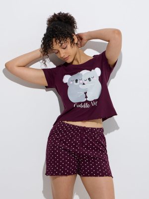 Wunderlove Wine Animal Patterned Cotton Shorts Set In A Bag