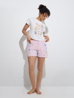 Wunderlove Pink Floral Design Cotton Shorts Set In A Bag