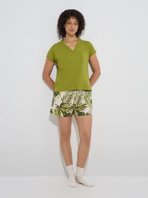 Wunderlove Sage Botanical Printed High-Rise Cotton Shorts
