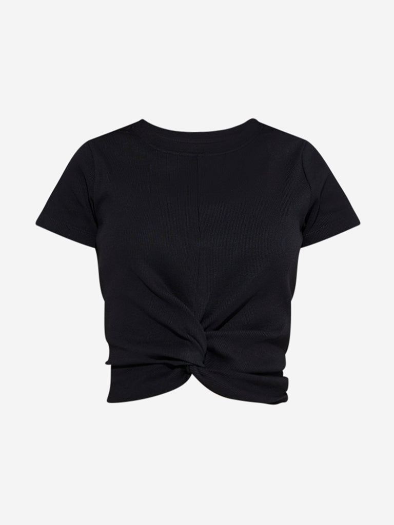 Studiofit Black Knot-Detailed Ribbed Cotton-Blend T-Shirt - Image 5