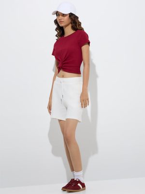 Studiofit Maroon Knot-Detailed Ribbed Cotton-Blend T-Shirt