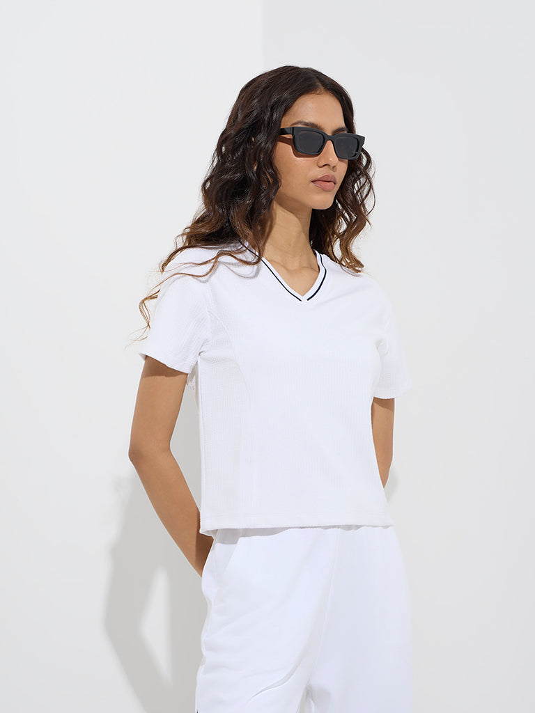 Studiofit White Ribbed-Textured Cotton-Blend T-Shirt