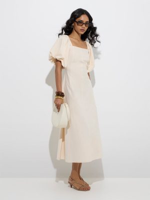 LOV Off-White Solid Cotton-Blend A-Line Dress