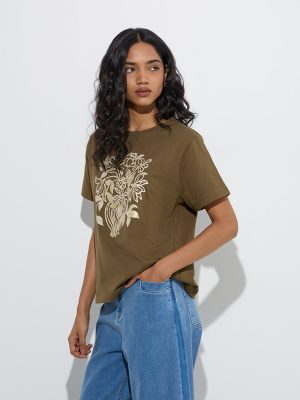 LOV Olive Floral Printed Cotton T-Shirt