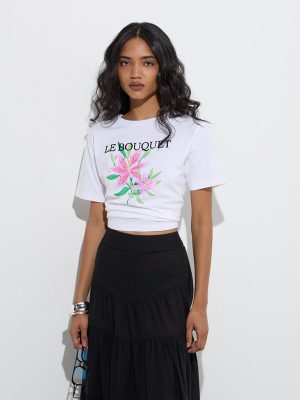 LOV White Floral Design Cotton T-Shirt