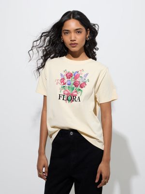 LOV Cream Floral Detailed Cotton T-Shirt