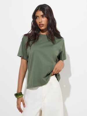 LOV Olive Solid Cotton T-Shirt