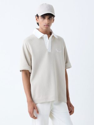 Studiofit Beige Relaxed-Fit Cotton-Blend Polo T-Shirt