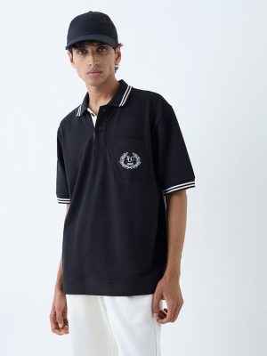 Studiofit Black Relaxed-Fit Cotton-Blend Polo T-Shirt