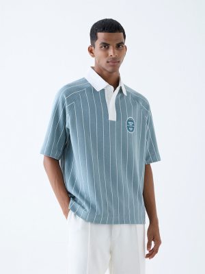 Studiofit Teal Stripe Relaxed-Fit Cotton-Blend Polo T-Shirt