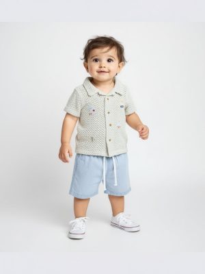 HOP Baby Beige Crochet-Detailed Cotton Shirt with Shorts Set