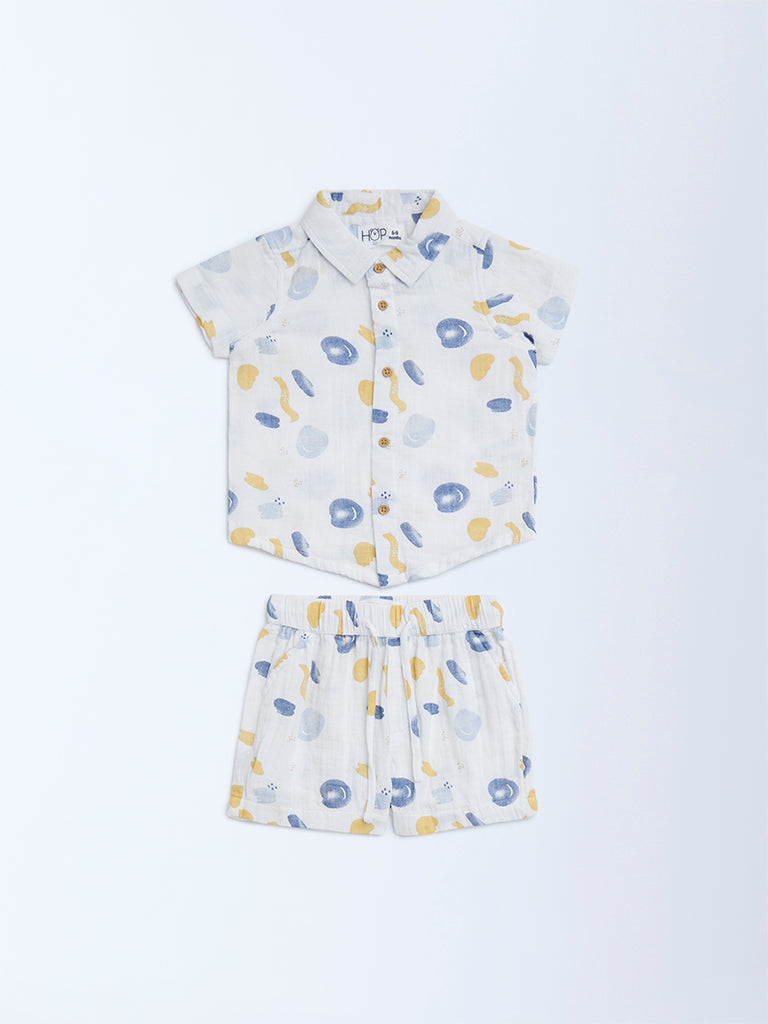 HOP Baby White Printed Cotton Shirt with Shorts Set - Image 2