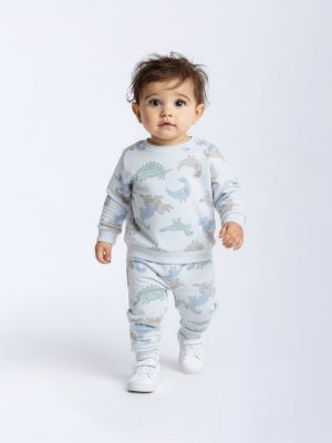 HOP Baby White Dinosaur Pattern Cotton T-Shirt and Joggers Set