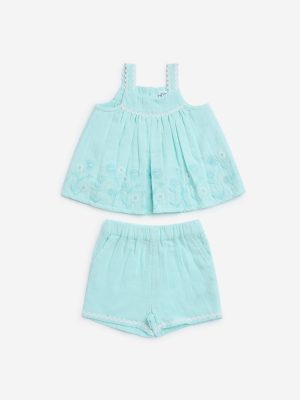 HOP Baby Aqua Floral Embroidered Cotton Top and Shorts Set