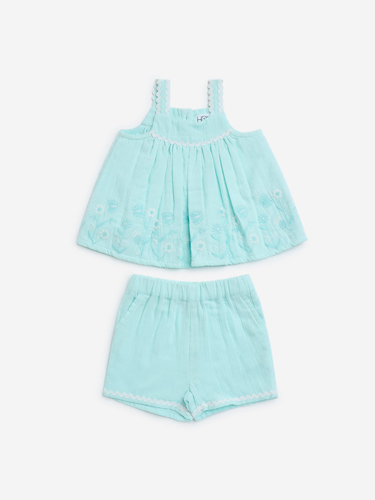 HOP Baby Aqua Floral Embroidered Cotton Top and Shorts Set