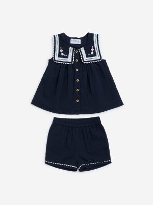 HOP Baby Navy Seersucker Textured Cotton Top and Shorts Set