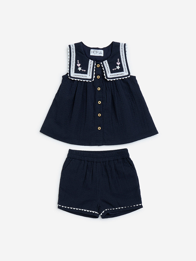 HOP Baby Navy Seersucker Textured Cotton Top and Shorts Set