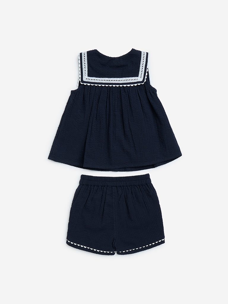 HOP Baby Navy Seersucker Textured Cotton Top and Shorts Set - Image 2